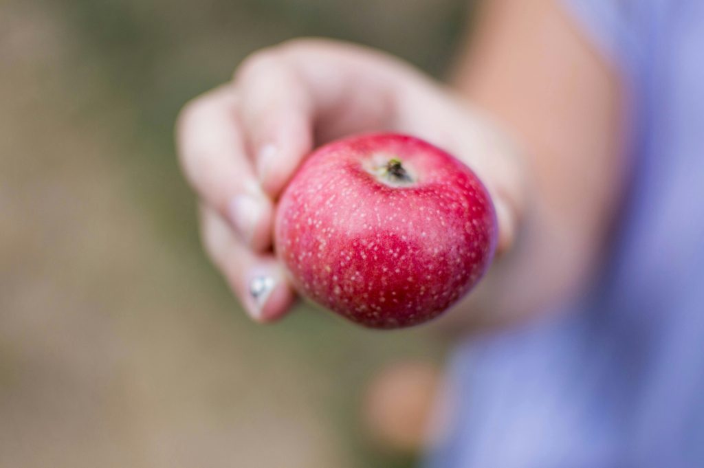 Hand holding a red apple linked with dental health benefits
