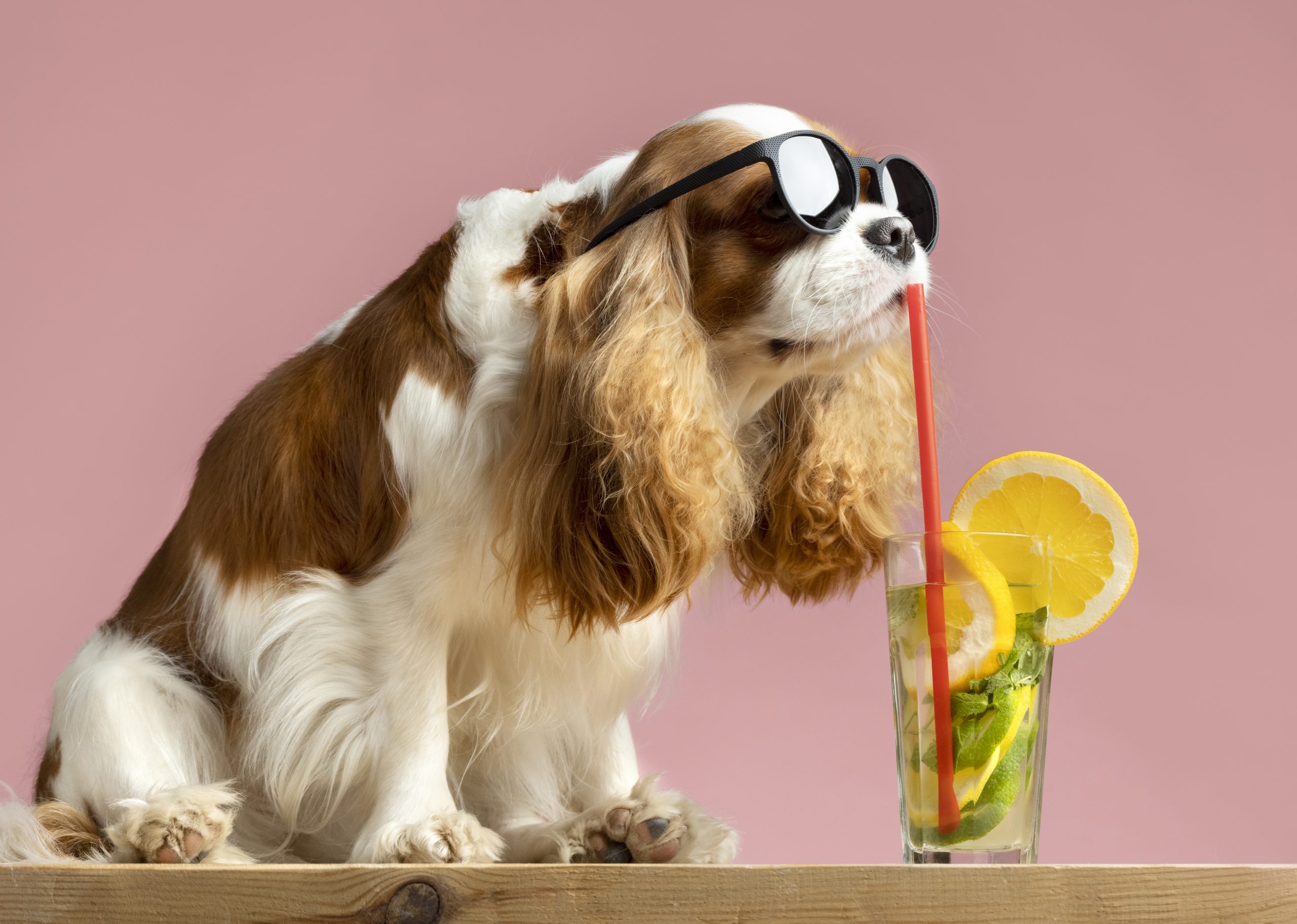 Dog sniffing a glass of apple juice on the table